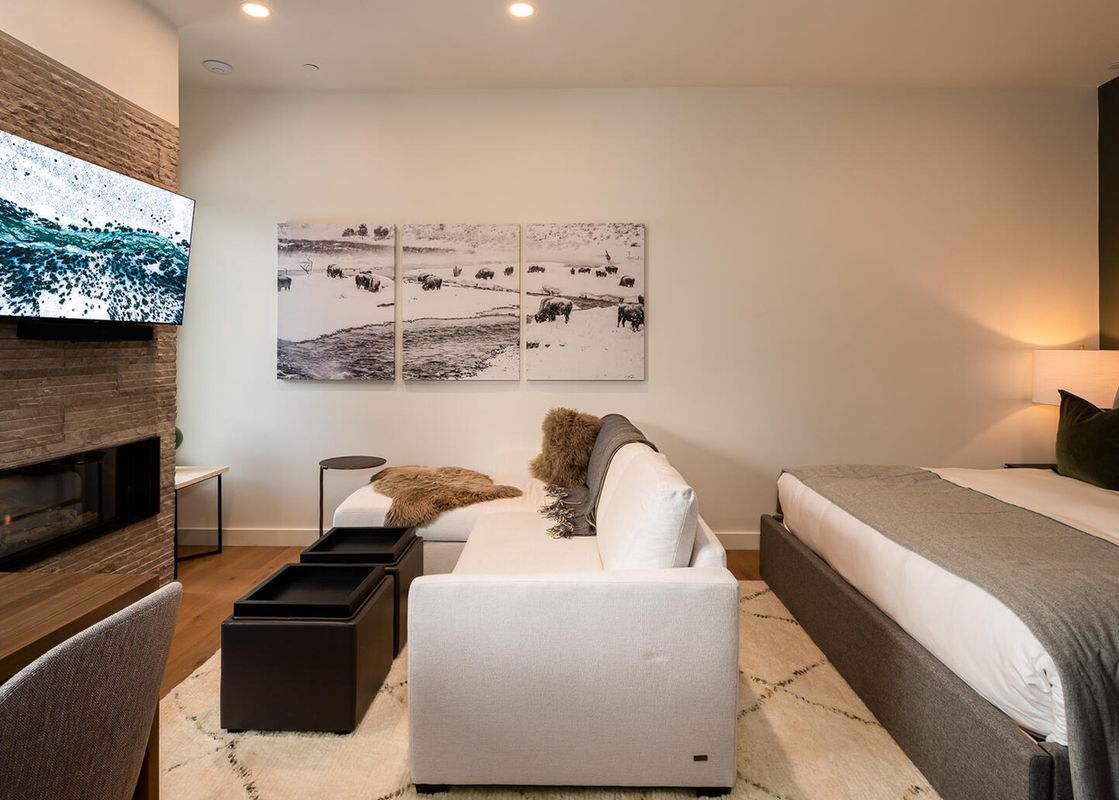 An L-shaped sofa and a bed are arranged in an open-concept living space, with a stone fireplace and a wall-mounted TV visible on the left.