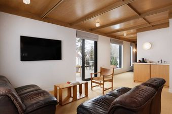 The Mollie Aspen Shadow Mountain Suite lounge features comfortable leather sofas, a flat-screen TV, a light wood paneled ceiling, and large windows opening to a winter balcony view.