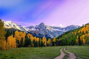 A winding dirt path leads through a vibrant autumn forest with golden aspen and green pine trees, set against snow-capped mountains and a vivid purple and blue sky.