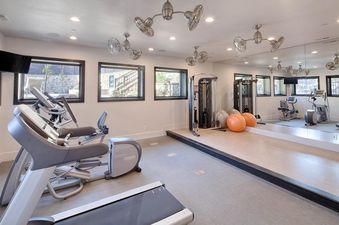 The image shows the well-equipped fitness center at 103 Juniper Landing, featuring a variety of exercise machines, including treadmills, ellipticals, and a weight station, with windows offering natural light and views of the exterior.