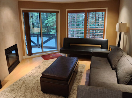 The living area features a large fireplace, plush area rug, and comfortable sofas with views of the outdoors.