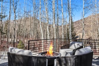 An outdoor fire pit with four chairs is set on a patio, surrounded by a forest of tall trees under a clear blue sky.
