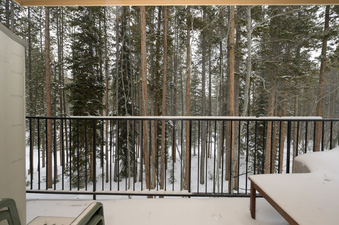 A snowy balcony with a black railing overlooks a dense forest of snow-covered pine trees.