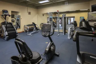 A well-lit gym with a variety of fitness equipment, including a stair climber, stationary bikes, treadmills, free weights, and weight machines, all set on a blue rubber floor with mirrors lining the walls.