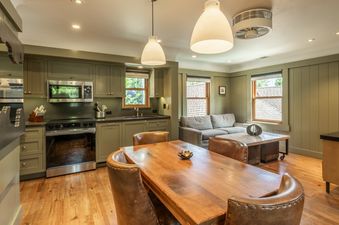 A spacious, open-concept living area with a kitchen, dining space, and living room featuring green cabinetry, stainless steel appliances, a large wooden dining table with leather chairs, and a gray sofa.