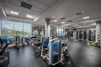 The gym features an expansive layout with various exercise machines, dumbbells, and mirrors, offering a panoramic view of lush mountains and a serene lake through large windows.