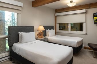 A bedroom with two twin beds, a TV, and a window with a view of trees.