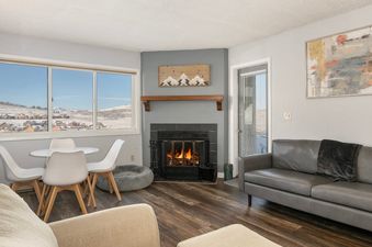 The living area of Summit Unit 1103 is brightly lit from the adjacent window.