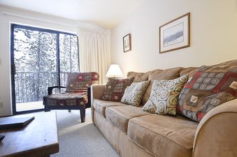 The living area features a comfortable brown sofa with decorative pillows, a wooden coffee table, and a patterned armchair, all set on light-colored carpeting. A sliding glass door opens to a balcony with a snowy outdoor view.
